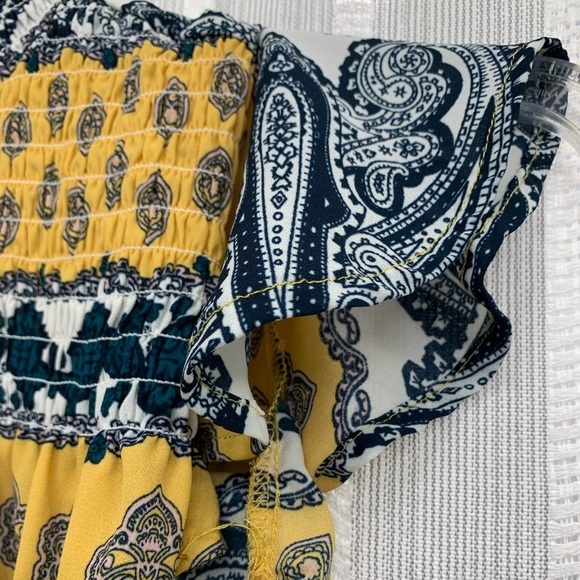 Charmed by Eve Blouse Smocked High Neck Flutter‎ Sleeve Blue Yellow Print Size M - Picture 3 of 10